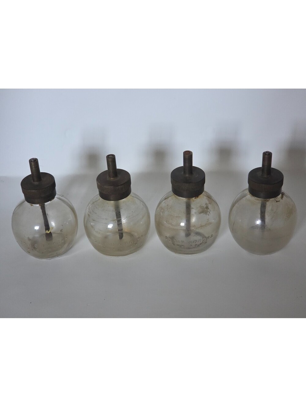 Set of 4 Vintage Vacuum Oil Co. Glass Oil Dispensers with Brass Metal Inserts
